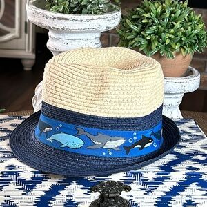 Little Boys Navy Blue & Tan Brown Straw Fedora Hat Whale Stripe
